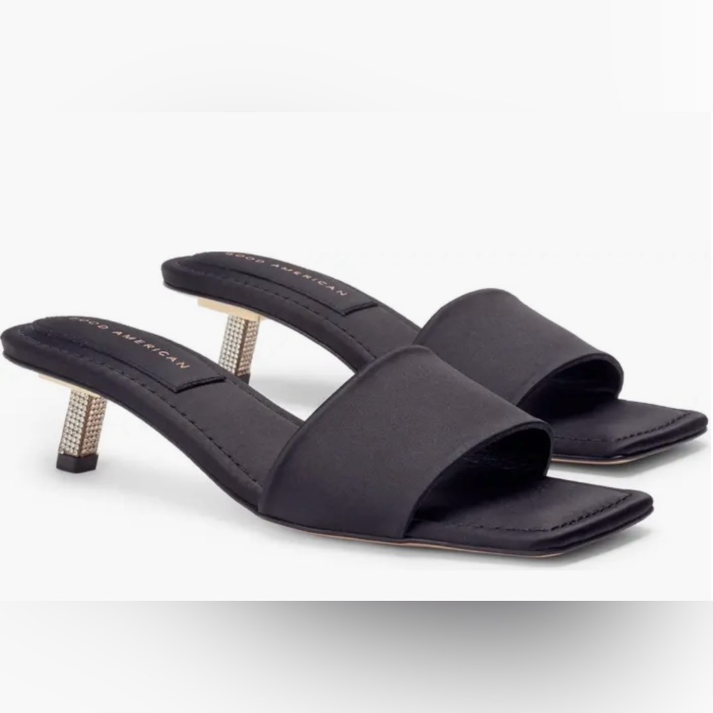 New Good American Women's Black Satin Kickstand Slide Sandal Mules Size 9.5